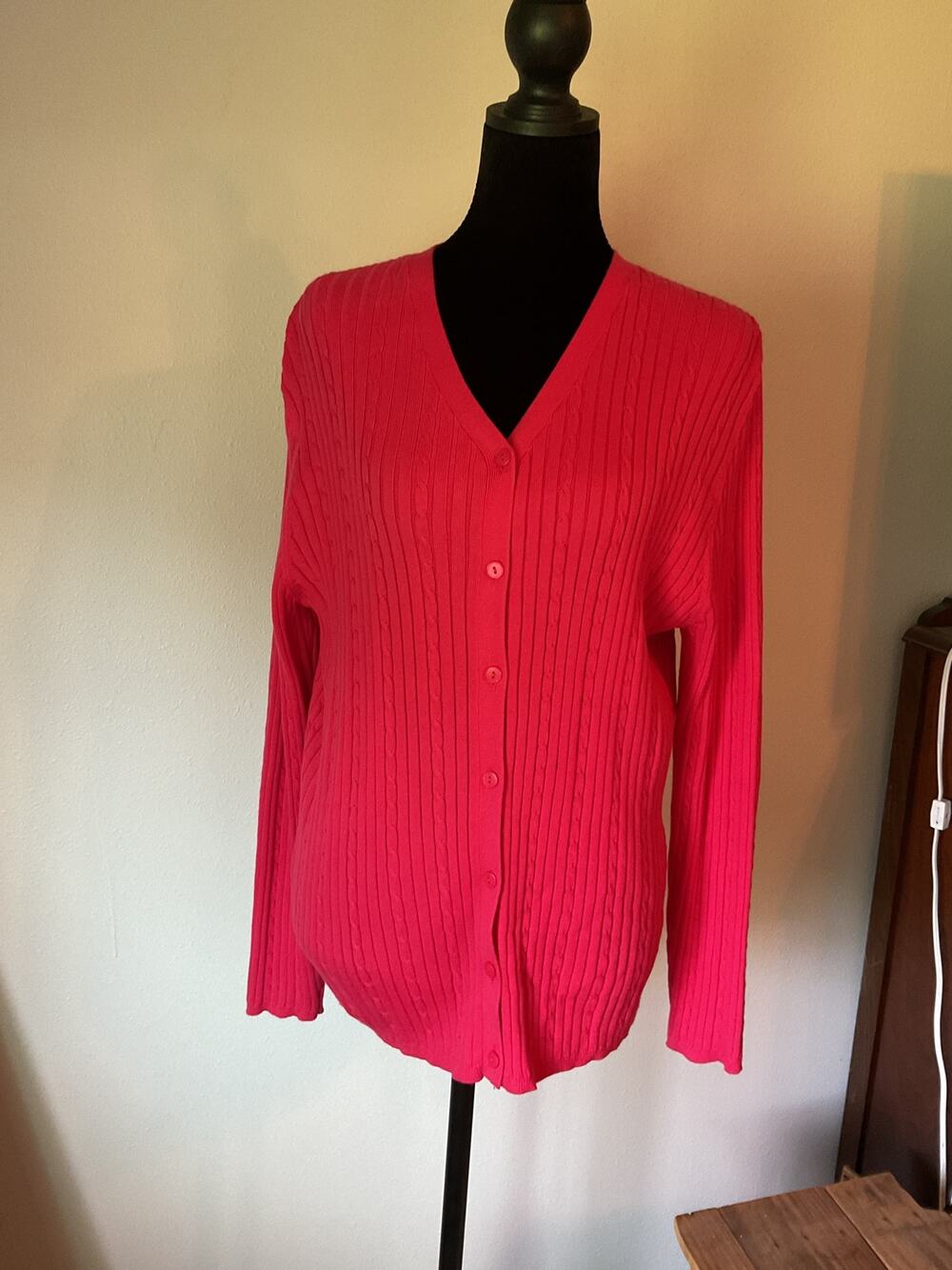Field Gear Vintage Cardigan Sweater Pink Wide Rib Cable Knit V-Neck 100% Cotton